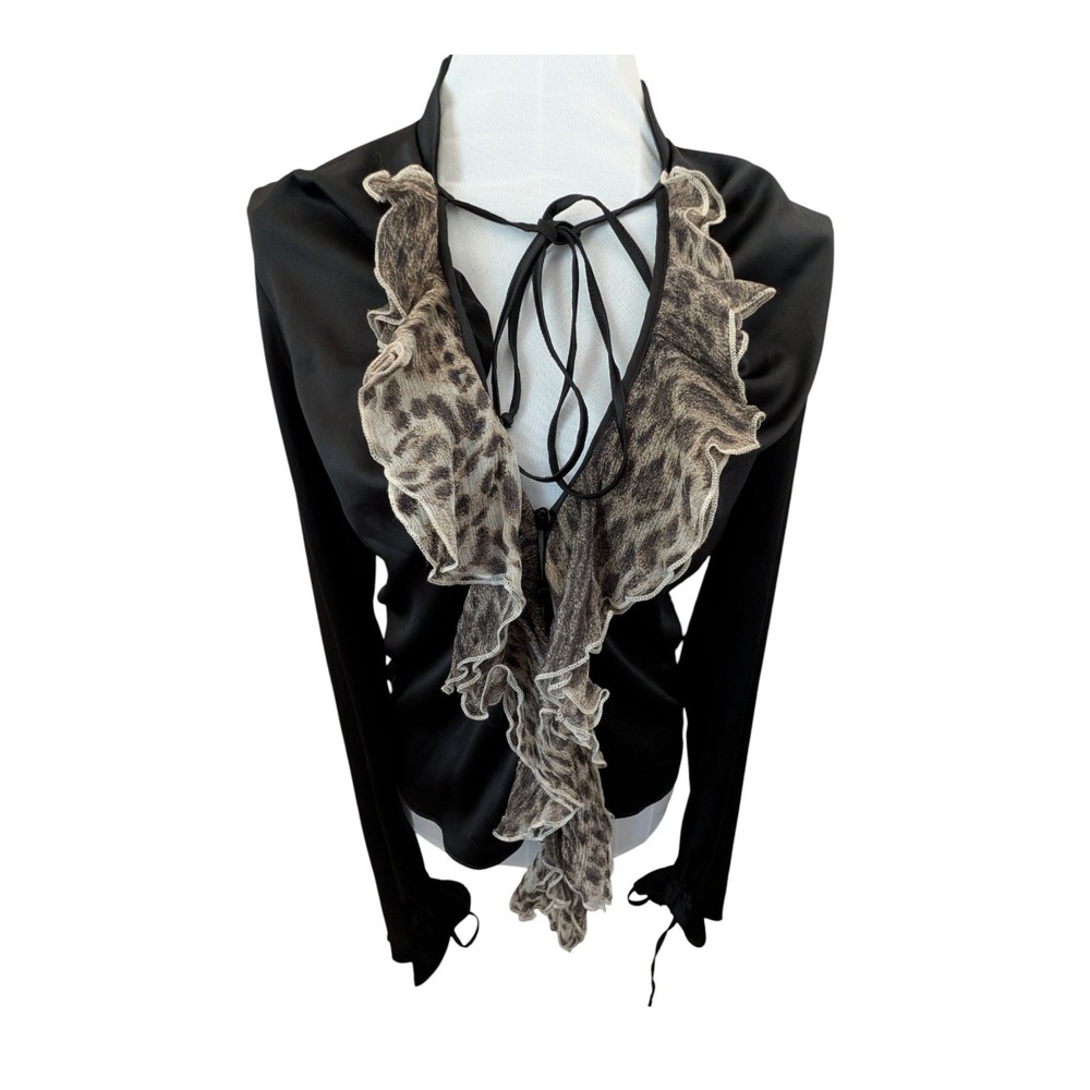 Just Cavalli Black Satin Tunic with Beige Leopard Ruffle